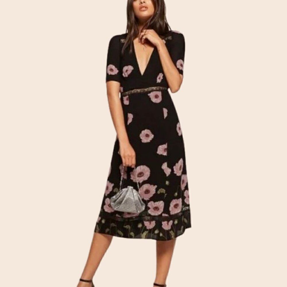 Reformation Black and Pink Floral Alina Dress Size 4 - Picture 2 of 15